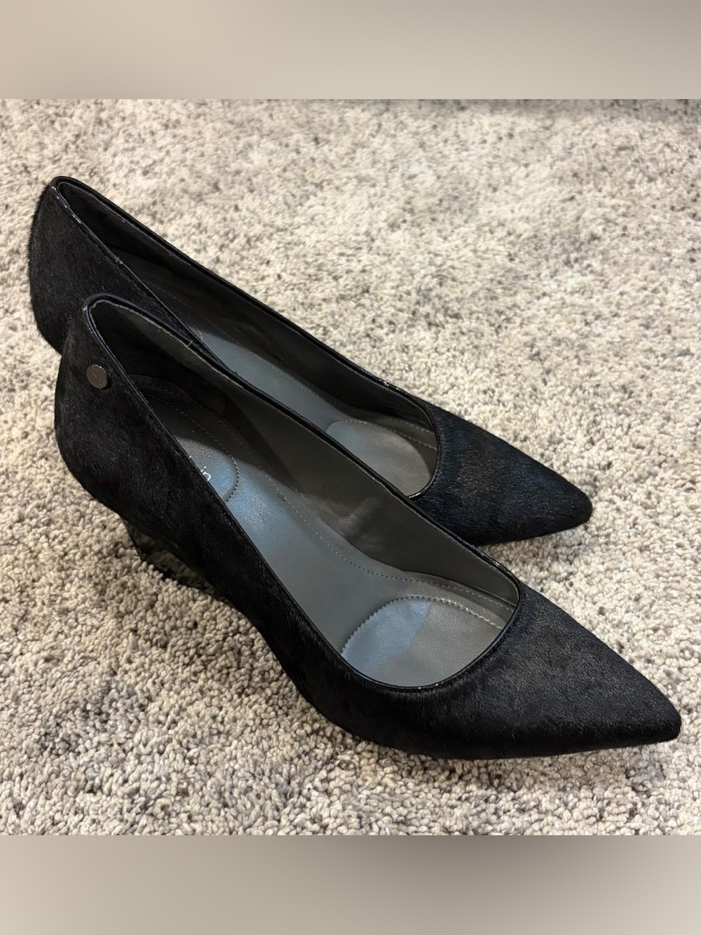 Calvin Klein Nadya Wedge, Pony Hair Black Pointed-Toe Low Heel Pumps